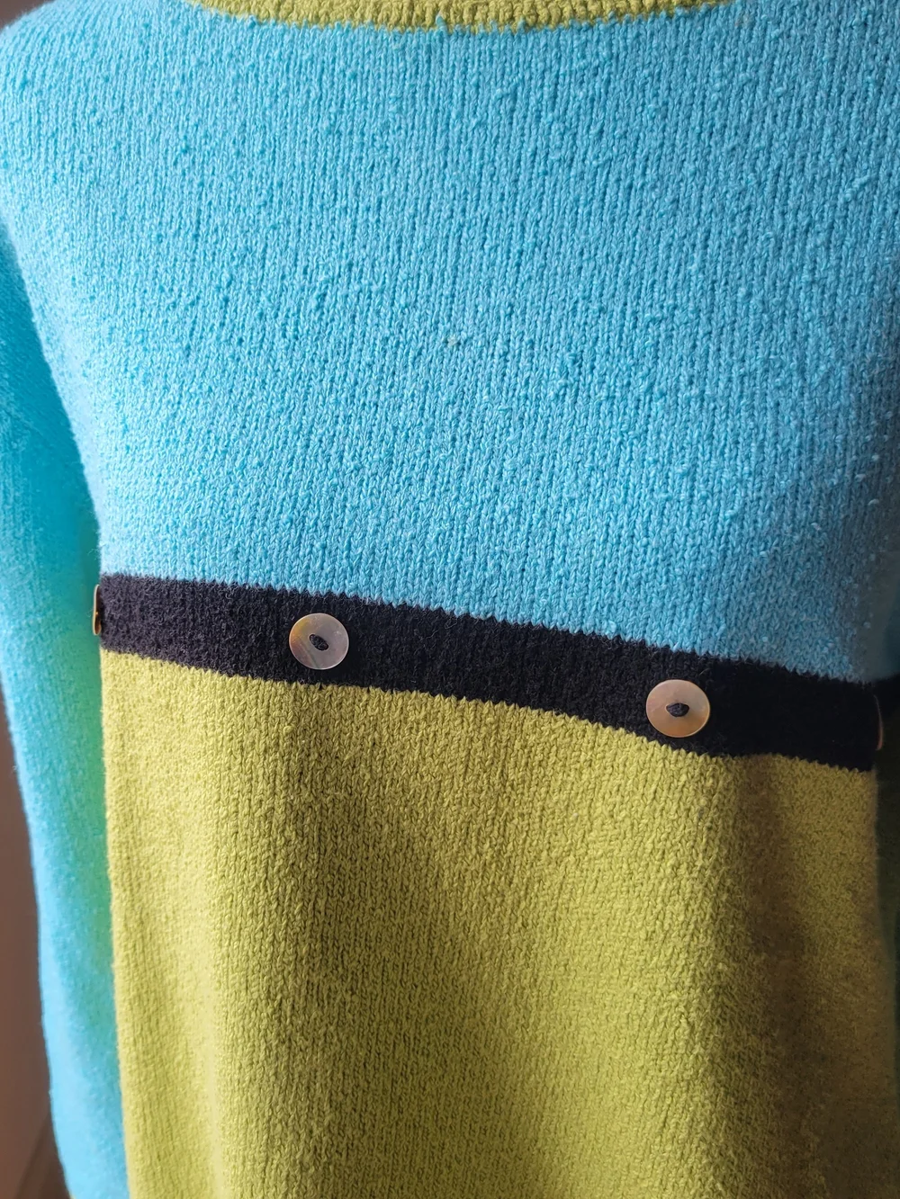 Vintage Colorblock Knit Pullover Sweater Aqua Blue Lime Green Button Accent M